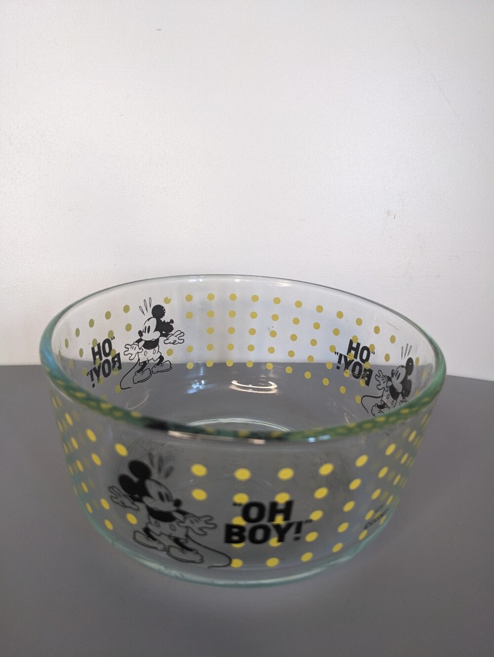 Pyrex Disney Bowl Mickey Mouse Oh Boy Clear Glass Vintage Kitchen Collectible